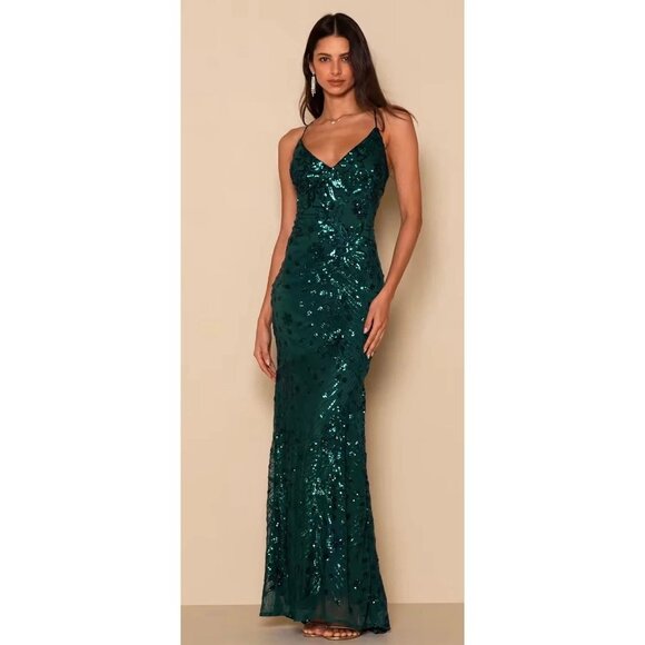 Lulus Forest Green Lace-Up Sequin Maxi Dress Event Cocktail Homecoming Strappy S - Picture 1 of 9